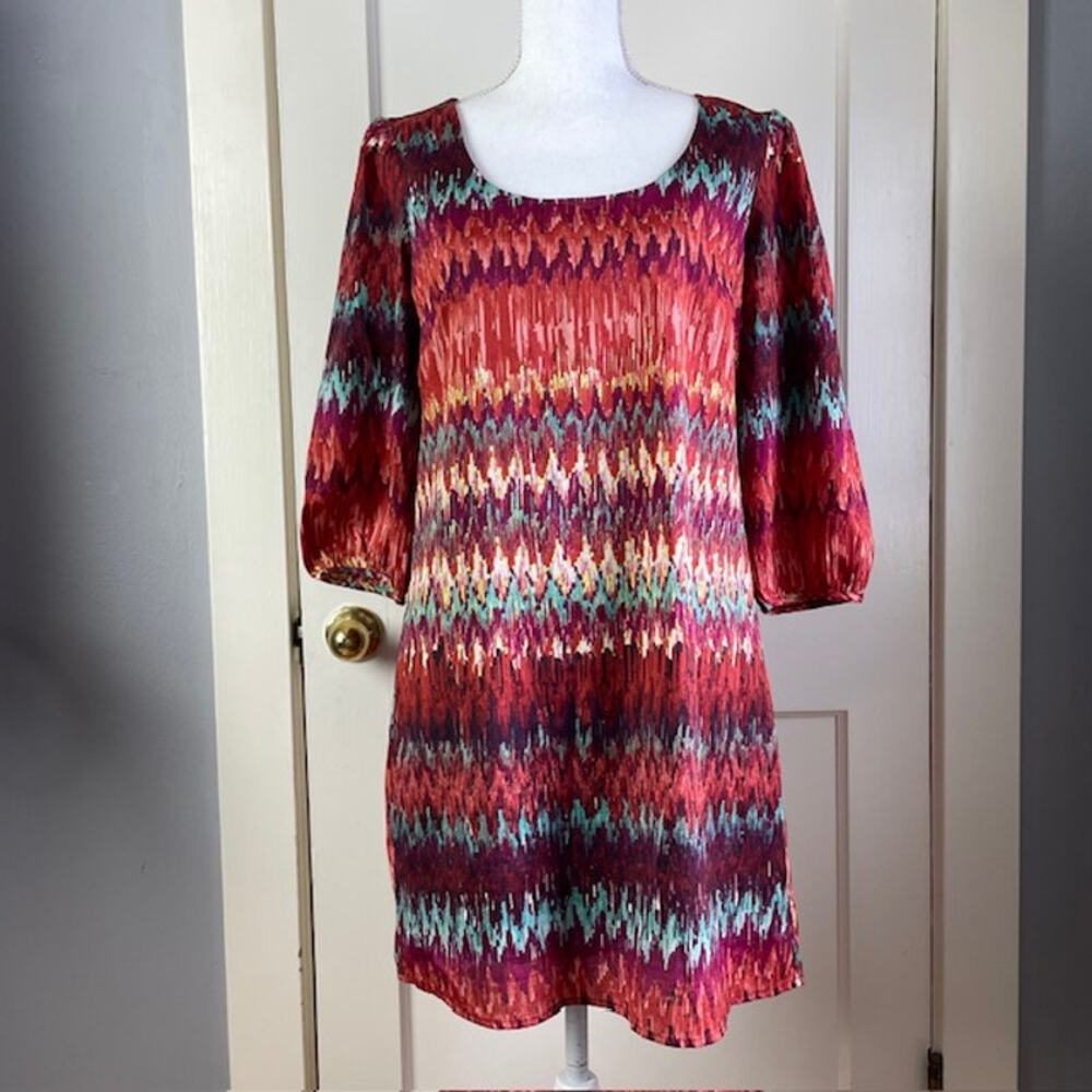 Boho Red Ikat Mini Dress M Open Back Festival Artsy Indie Bold Resort Vacation